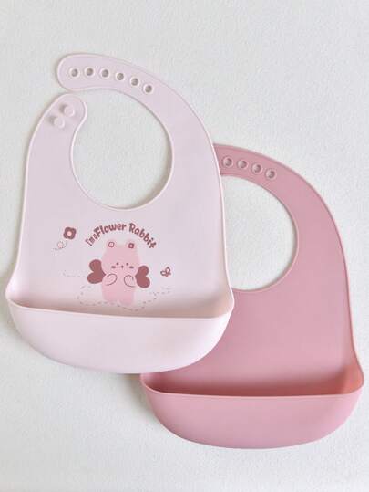 2 件婴儿硅胶围兜 - 防漏、防污、柔软、可调节、耐煮、便携、兔子图案，适合宝宝日常使用和外出