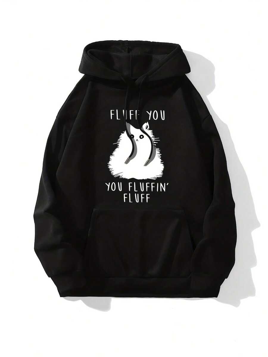 Sudadera con capucha estampado de gato lindo, sudadera con capucha con bolsillo canguro y cordón versátil, ropa de mujer - Negro - Ver 1