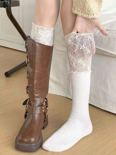 1/3双女士黑白蕾丝拼接过膝袜，复古风格，可搭配高筒靴，独特的暖心圣诞礼物，新年必备，情人节专属礼物
