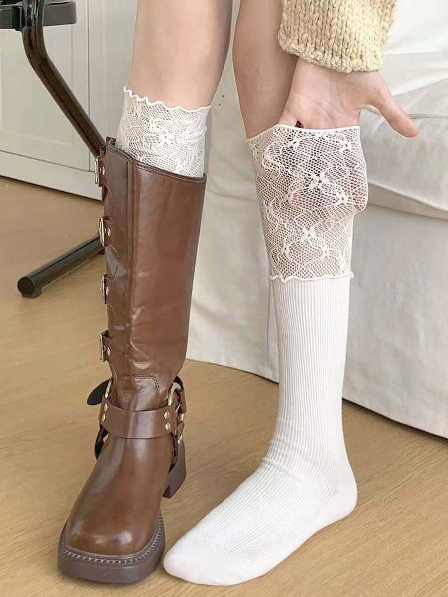 1/3雙女款黑白蕾絲拼接過膝襪，復古風搭配長靴，獨特保暖聖誕禮物，必備款