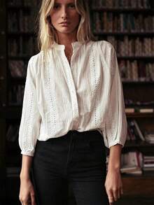 Women's Front Button Loose Casual Elegant Vacation Wedding Long Sleeve Business Meeting Shirt, Retro Style Women's Autumn Professional Shirt, Button-Up Shirt, Women's Elegant Shirt For Spring Outfit, Women's Party Shirt, Women's Casual Shirt - White - View 10