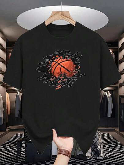Men'S Vibrant Basketball Graphic T-Shirt - Casual Summer Short-Sleeve, Round Neck, Lightweight Polyester Blend, Black With Orange & White Print, Perfect For Teens And Adults, Basketball Shirt