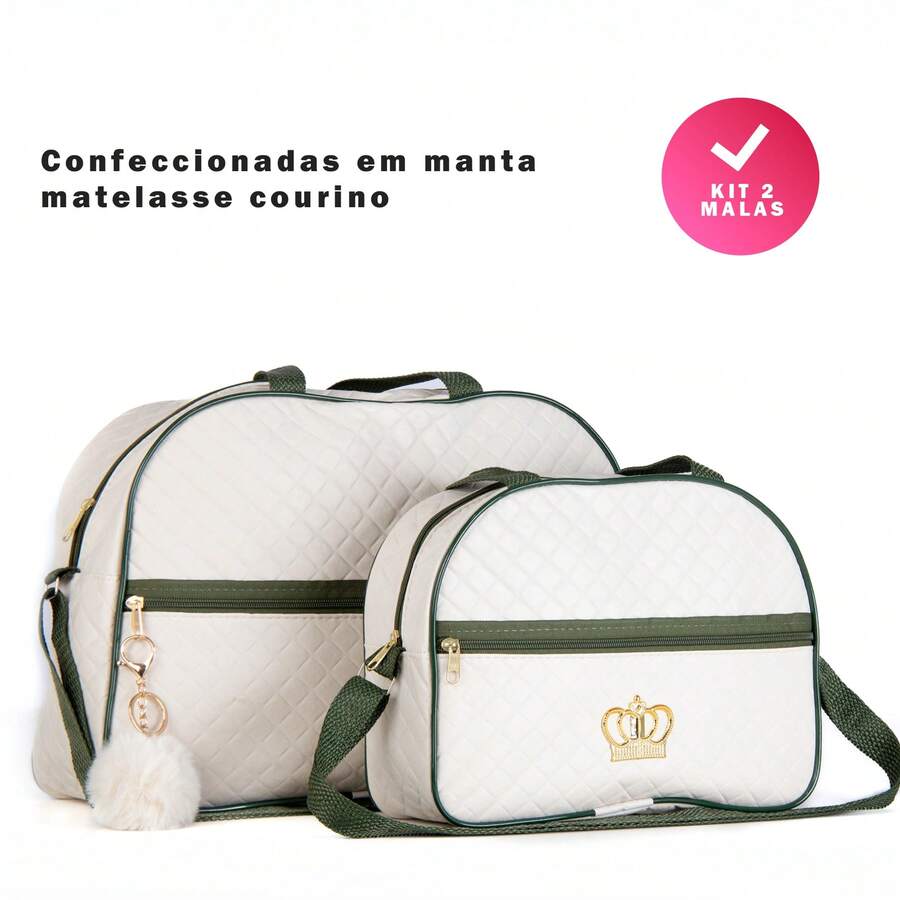 Kit 2 Maternity Bags For Boys/Girls, Luxury Baby Suitcase In Various Colors With Pompom - 軍綠色 - 查看 1