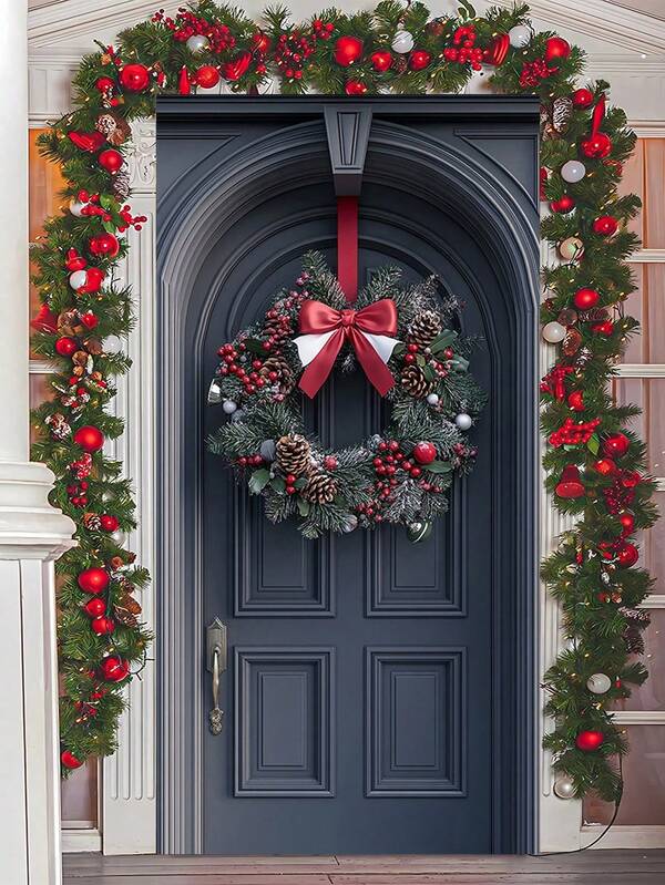 1 Stück Polyester Weihnachts-Türrahmen Dekoration, 90 x 180 cm, klassischer Kranz mit Glocke & Schleife, Innen- & Außenbereich Partyzubehör, ohne Federn, ohne Strombedarf
