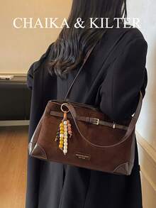 CHAIKA & KILTER 1pc Solid Color Suede Fabric Shoulder Bag For Women, Retro Fashion Square Bag, Double Handle Design, Zipper Closure, Strap Decor, Suitable For Daily And Outdoor Use (Sold With Pendant) - Coffee - View 6