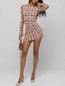 Womens Polka Dot Sheer Mesh Mini Dress Mock Neck Bodycon Flared Long Sleeve For Club Party Dress Going Out - 黃色 - 查看 2