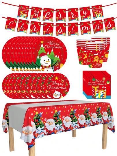 [New Arrivals For Christmas] Christmas Themed 80pcs/Set Disposable Cutlery Set, Including 7-Inch Paper Plates, 9-Inch Cardboard, 9-Ounce Cups, Napkins, Suitable For Daily Gatherings, Birthday Parties, Bridal Showers, Baby Showers, Clubs, Weddings, Tea Parties, Picnics, Outdoor Outings, And Themed Parties., Family Dinner Supplies, Christmas Party Supplies