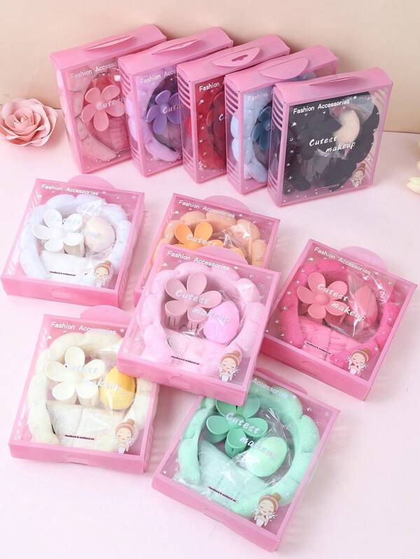 5 Pcs Girls Sponge Spa Headband Wristbands With Large Flower Hair Claw Clip Gift Set Hair Stuff Hair Accessories Set With Delicate Box For Party Gifts And Daily Use