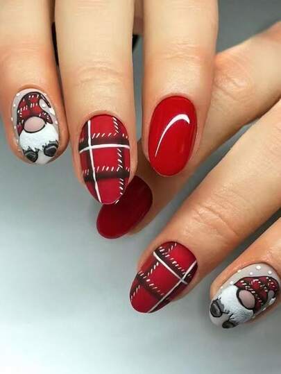 Christmas Short Oval Matte Nail Art,24Pcs Santa Claus Striped Pattern Design False Nails For Women,Simple And Cute Holiday Style Press On Nails,Suitable For Winter Wear