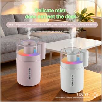 新型USB供电桌面氛围灯，180ml大容量，LED多色照明，家用单次喷雾，桌面大雾空气清新剂，适用于家庭卧室、书桌等场景，为四季空间增添舒适感，家居装饰灯。