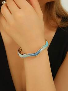 1pc Fashion New Style Gold Plated Enamel Mix Color Asymmetrical Shape Bracelet Bangle Jewelry For Women Girls - Blue - View 2