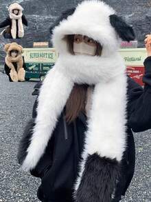 1pc Soft Plush Cat Ear Hat With Integrated Scarf, Unisex Winter Warm Fashion, Lightweight Knitted, Snap Closure, Suitable For Singles Party, Fuzzy Fox Hat, Autumn/Winter Bomber Hat With Scarf, Cute Bear Hat For Cycling