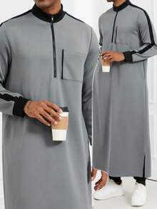 Disqoir 中东阿拉伯，现代伊斯兰男士服装，卡米斯长袍，穆斯林男士灰色长袍，时尚立领长款连帽衫 - 灰色 - 查看 8