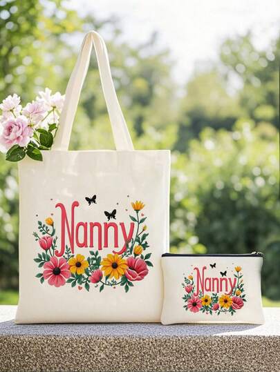 1-2pcs "Best Nanny Forever" Printed Canvas Tote Bag - Wreath Design, Foldable, Reusable Tote Bag, Unisex Tote Bag - Fashionable Beige Shoulder Shopping Bag, Durable Polyester, Machine Washable, Perfect Thank You Themed Gift