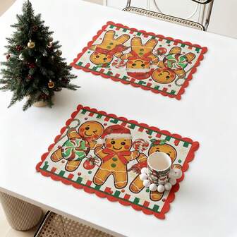 1PC/4PCS/6PCS Gingerbread Candy Cane Christmas Placemats, 32.5x46CM Seasonal Table Mats For Party Kitchen Dining Decoration