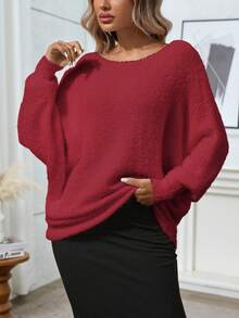 Plus Size Plain Batwing Sleeve Loose Pullover Sweater, Winter - Burgundy - View 3