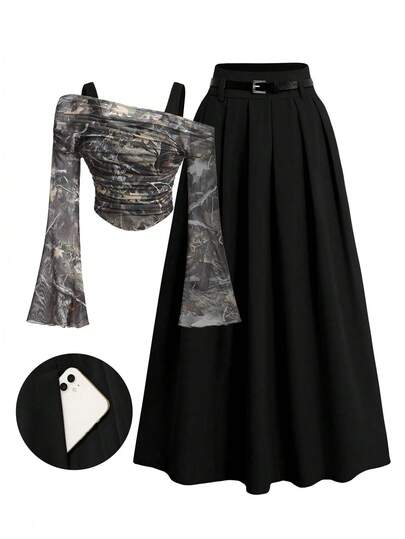 Women's Elegant Waist Cinched Oblique Shoulder Long Sleeve Top + High Waist Pleated Belt Decorated Skirt 2 Pieces Set, Casual Date/Party Outfit