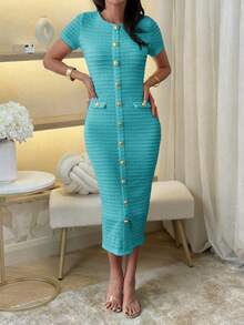 Unadoll Women's Short Sleeved Round Neck Zipper, Fake Buckle Design, Slit, Elegant Winter Dress, Suitable For Dates, Commuting, Weddings, Christmas, Thanksgiving Wearing Day, Short Sleeved Solid Color Dress - Teal Blue - View 9