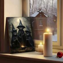 Poster-1pc Wooden Frame Three Black Cats Wearing Witch Hats Poster Canvas Decor Painting Ideal Gift For Bedroom Living Room Hallway Mural Wall Decoration Room Decoration, For Halloween - Black - View 2