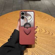 奢华简约纯色酒红色手机壳，带3D心形指环支架，兼容三星Galaxy ZFlip7、ZFlip6、ZFlip 5手机，后盖 - 酒紅 - 查看 3