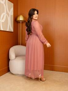 Long Tulle Dress, Plain Fabric, With Belt, Wedding, Holiday - 乾枯玫瑰色 - 查看 2