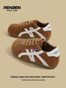 RENBEN 1 Paar Damen Retro Stil Schnürschu he, Beige & Farbblock, Neuheiten Herbst/Winter 2025, versteckter Keilabsatz, leichte weiche Sohle, sportliches Design, geeignet für Studenten und Rennen