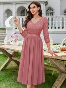MIUSOL Elegant Cinnamon V-Neck Sequin Lace Ruched Chiffon A-Line Flowy Hem Midi Dress, 3/4 Sleeves, For Wedding Guest, Cocktail Party, Graduation Or Formal Evening Events - 藕粉色 - 查看 6