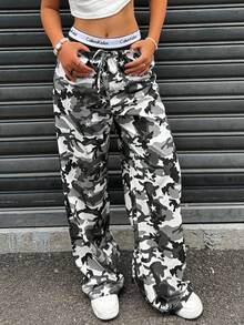 Women's Casual Camouflage Printed Drawstring Wide Leg Pants, Women's Autumn And Winter Clothing, Fashionable Women's Clothing, Halloween Costumes - Xám - Xem 1