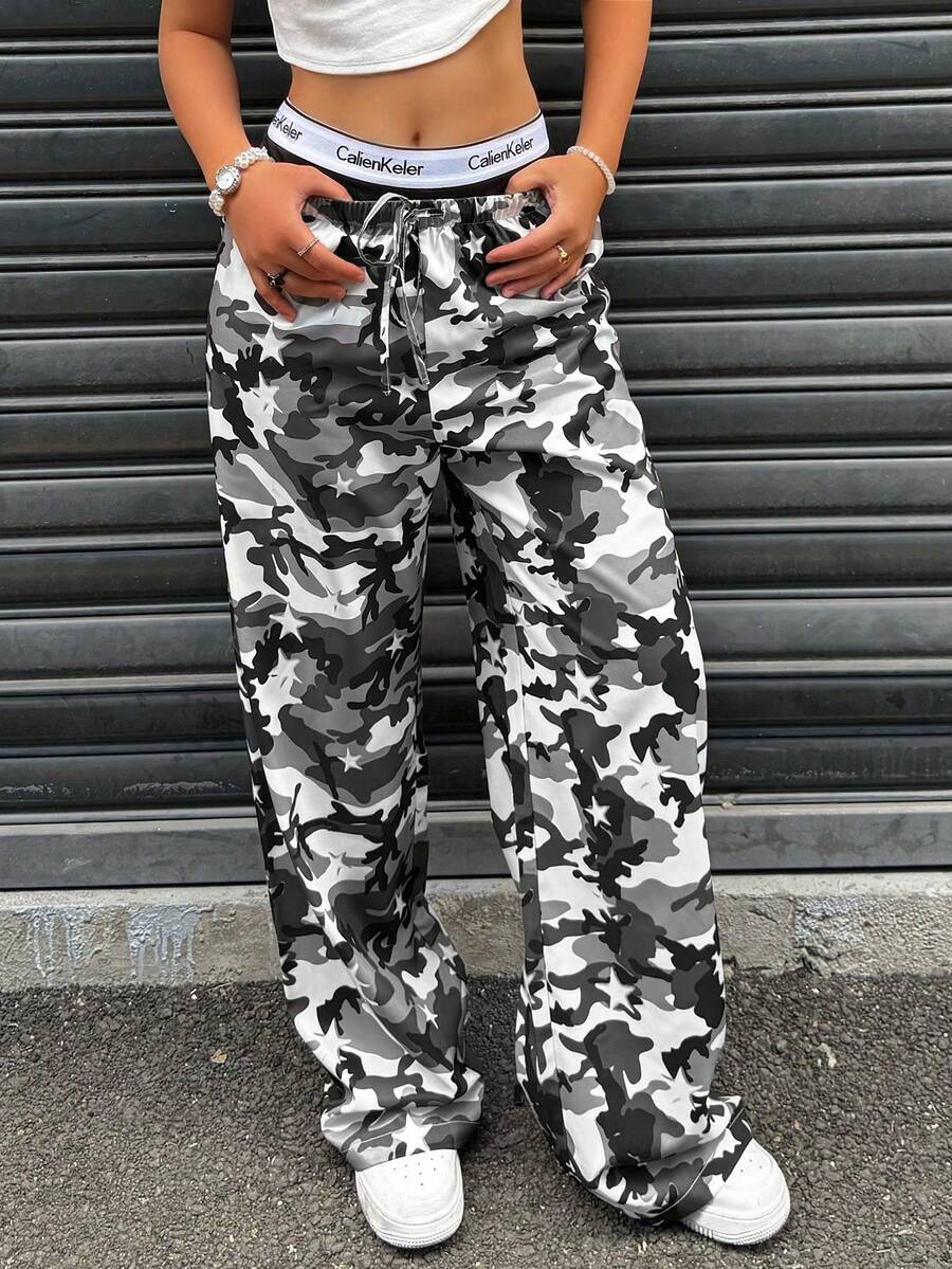 Women's Casual Camouflage Printed Drawstring Wide Leg Pants, Women's Autumn And Winter Clothing, Fashionable Women's Clothing, Halloween Costumes - Xám - Xem 1