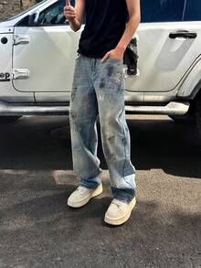 Quần Jeans Nam Rộng Rãi Thường Ngày, Phong Cách Đường Phố, Vừa Vặn, Thời Trang Thường Ngày - Rửa trung bình - Xem 4