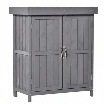 Outsunny Weatherproof Fir Wood Garden Tool Cabinet With Double Door And 2 Compartments, Dark Grey, 74 X 43 X 88 Cm