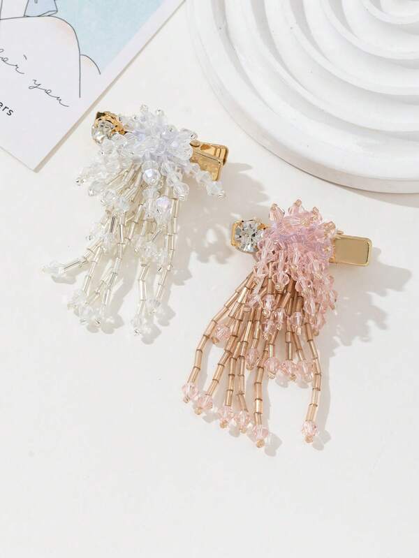 2pcs/Set Elegant Sparkling Pink & White Crystal Beaded Tassel Hair Accessories, Suitable For Daily Wear, Parties, Holidays, Dates, Gifts, Looks Of Party, Claw Clips