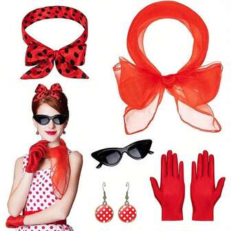 8-delat retro accessoarset för kvinnor, 1950-talsstil: Innehåller prickigt pannband, halsduk, modeglasögon, örhängen och handskar – perfekt för Halloweenkostymer, festframträdanden, scenshower, julklappar