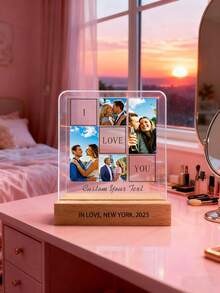 1pc Custom Crystal Plaque - 1 Piece Contains 4 Photos And Text, The Base Can Be Customized With Text, Bohemian Style Desktop Decoration Stand, Suitable For Anniversary/Birthday (Mother's Day Or Valentine's Day) - Unisex Gift Idea + Wedding Halloween Christmas Decoration, Christmas Ornaments.