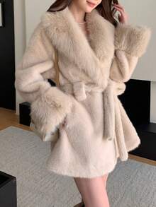 Women's Solid Color Long Sleeve Faux Fur Collar Tie Waist Christmas Jacket - Apricot - View 6
