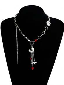 1pc Y2K Punk Style Dark Girl Asymmetric Heart Pendant Beaded Tassel Necklace, Suitable For Various Theme Parties