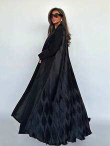 女士时尚黑色长袖卡夫坦长袍/贾拉比亚，梭织面料，后背褶裥设计，略带弹性，适合开斋节穿着。 - 黑色 - 查看 2