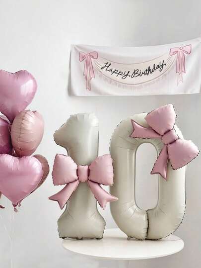 2 Pcs 40-Inch Oversized Cream White Number Foil Balloon With Pink Bow, Great For Birthday Party Decorations, Anniversary Celebrations
