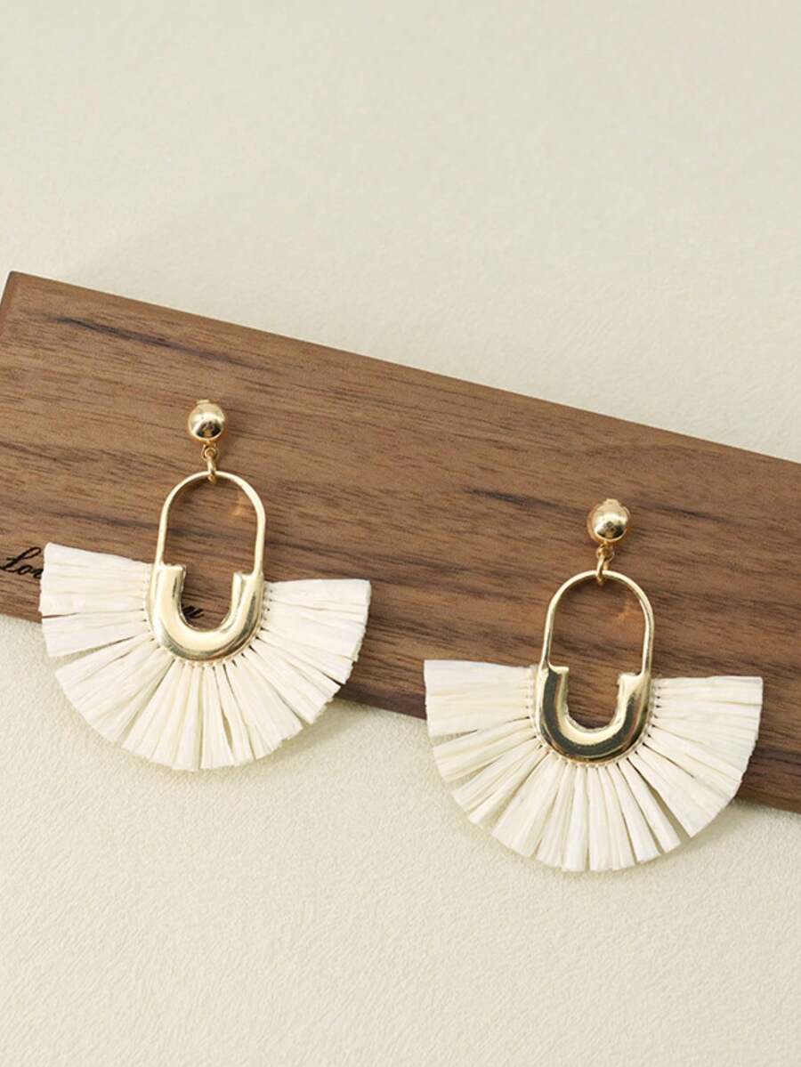 Handmade Woven Raffia Tassel & Rattan Pendant Earrings, Boho Style Holiday Accessories