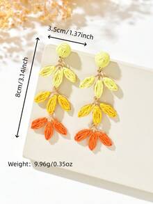 1 Đôi bông tai thủ công đan từ sợi raffia màu vàng chuyển sắc, kiểu dáng boho chic với tua rua hình lá cây, phù hợp cho nữ giới đeo hàng ngày, đi nghỉ lễ và dự tiệc (Sản phẩm thủ công, có thể có một vài vết keo, phương pháp đan ngẫu nhiên) - Màu vàng - Xem 4