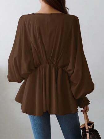 Plus Size Women Casual V-Neck Drawstring Waist Asymmetric Blouse, Lightweight Breathable Fabric, Casual Lantern Sleeve Long Sleeve Shirt, Suitable For Commute/Daily Wear, Spring/Summer