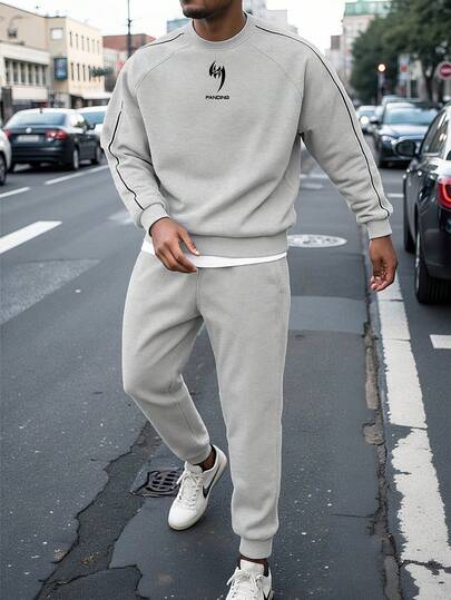 Men's Letter Print Raglan Sleeve Sweatshirt And Pants Set