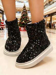 2025 New Women's Halloween Thick-Soled Snow Boots, Fashionable High Heel Furry Shoes, Winter Indoor Home Non-Slip Warm Shoes, Comfortable Soft-Soled Lightweight Slippers, Furry Ankle Boots For Autumn/Winter Indoor Wear - Black Background With Black and Silver Sequins - View 3