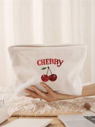 [轻巧樱桃蝴蝶结化妆包]，别致樱桃蝴蝶结印花灯芯绒化妆包 - 轻巧，拉链化妆包，适合旅行和洗漱用品，多功能洗漱用品收纳包，无香型，男女通用，不防水化妆品收纳包化妆收纳袋迷你袋旅行小化妆盒配件化妆架刷包，适合通勤、上学和购物，方便户外使用，送给朋友和闺蜜的礼物