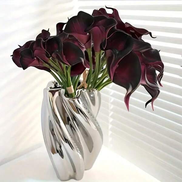 5pcs Black & Purple Calla Lily Artificial Flowers, Wedding Bouquet, Home Decor Floral Arrangement
