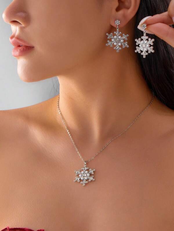 1 Set Weihnachts- & Neujahrs-Damenschmuck mit Schneeflocken-Strass-Perlen-Kette & Ohrringe - modisch, personalisiert, elegantes Schmuckset - geeignet für Alltag, Pendeln, Urlaub, Hochzeit und andere Anlässe - Geschenk (zufällige Farbe & Stil)