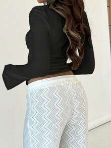 Onicee 女式时尚纯色 V 领系带喇叭袖衬衫，秋季 - 黑色 - 查看 5