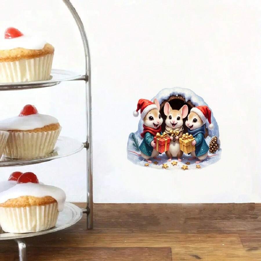 ملصق حائط عيد الميلاد قطعة واحدة، عائلة فأر جميلة هدية، ملصق عيد الميلاد، ملصق فأر كرتوني ذاتي اللصق من البي في سي، مناسب للغرفة المعيشية والنوم وغرف الأطفال والنوافذ والأبواب وديكور المنزل في العطلات