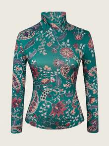 Vintage Paisley Pattern Turtleneck Fitted Long Sleeve Top, Soft Stretchy Fabric, Versatile Retro Style Floral Print Blouse For Women, Suitable For Spring - Green - View 4