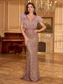 Women's V-Neck Ruffle Sleeve Glitter Patchwork Evening Party Cocktail Dress, Wedding Guest Dress, Formal Dress, Bride Dress, Birthday Outfits, Graduation Dress - Coffee Brown - View 4